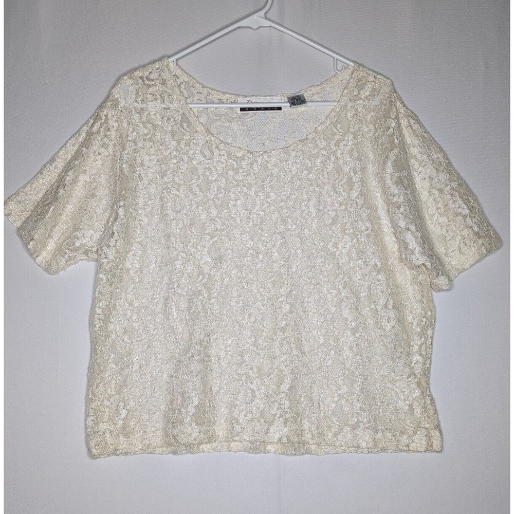 Diana Marco Vtg 60s Sheer Lace Top 18/20 Cream Stretch Short Sleeve Scoop Neck